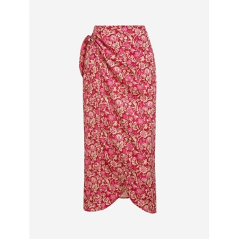 Floral Print Midi Wrap Skirt S Red