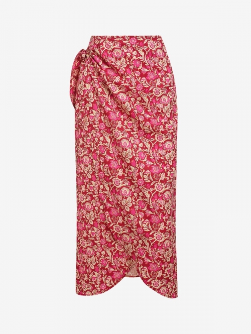 Floral Print Midi Wrap Skirt S Red