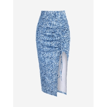 Tiny Floral Cinched Notched Asymmetrical Waist Vacation Spring Summer Knee-Length Skirt M Blue