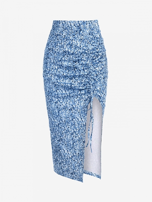 Tiny Floral Cinched Notched Asymmetrical Waist Vacation Spring Summer Knee-Length Skirt M Blue