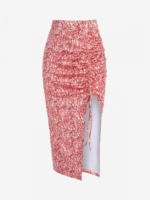 Tiny Floral Cinched Notched Asymmetrical Waist Vacation Spring Summer Knee-Length Skirt S Red