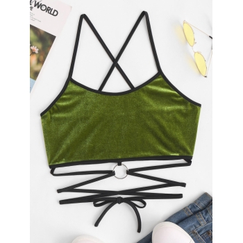 Women Tank Tops ZAFUL Criss Cross Velvet Midriff Flossing O-ring Top L Green