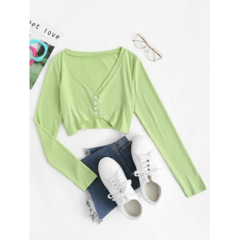 Fashion Women Tees Ribbed Button Up Crop Top M Green