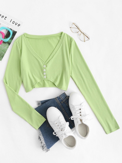 Fashion Women Tees Ribbed Button Up Crop Top M Green