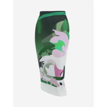 High Waisted Abstract Print Figure-hugging Bodycon Dress Daily Stretchy Slit Night Out Midi Skirt S Multi a