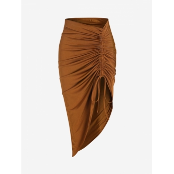 Asymmetrical Silky Cinched Front Midi Skirt M Coffee