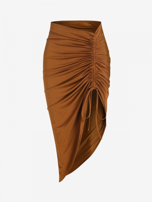 Asymmetrical Silky Cinched Front Midi Skirt M Coffee