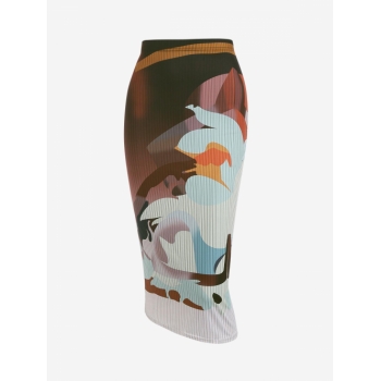 High Waisted Abstract Print Figure-hugging Bodycon Dress Daily Stretchy Slit Night Out Midi Skirt L