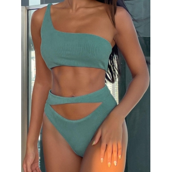 ZAFUL Ribbed Cutout One Shoulder High Leg Bikini Swimwear M Green