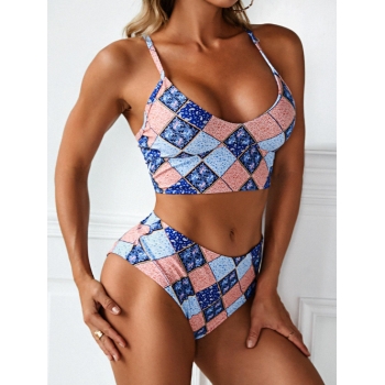 Fashion Women Tankinis ZAFUL Bohemian Paisley Printed Lace Up Tankini Swimwear S