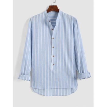 ZAFUL Men's Vertical Stripe Pattern High Low Pullover Shirt M Light blue