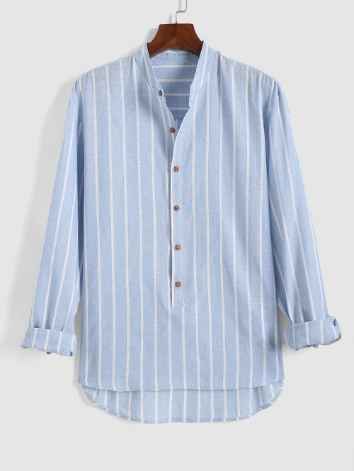 ZAFUL Men's Vertical Stripe Pattern High Low Pullover Shirt M Light blue