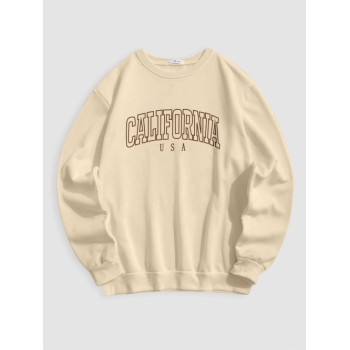 ZAFUL Men's Streetwear California Contrasting Letter Fleece-lined Crewneck Vintage Sweatshirt S Light coffee