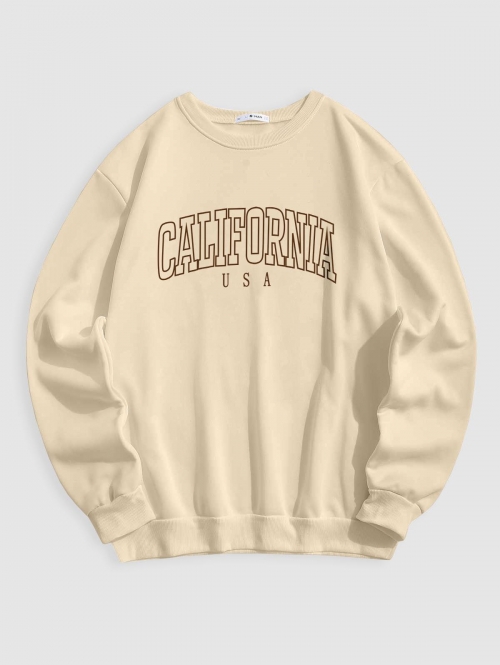 ZAFUL Men's Streetwear California Contrasting Letter Fleece-lined Crewneck Vintage Sweatshirt S Light coffee