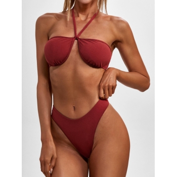 ZAFUL Halter Ribbed High Cut Bikini Swimwear M Deep red