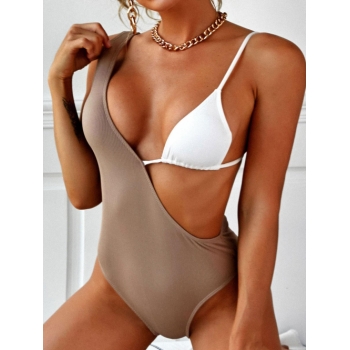 ZAFUL Plunge Cutout Ribbed Two Tone One-piece Swimwear M Light coffee