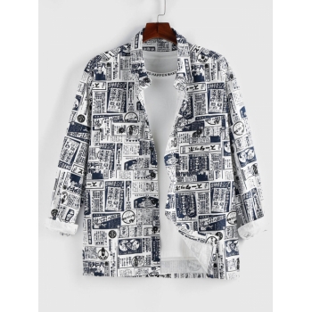 ZAFUL Men's ZAFUL Retro Newspaper Print Long Sleeve Pocket Shirt Xxl Deep blue