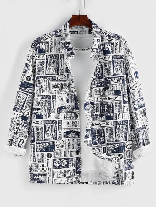 ZAFUL Men's ZAFUL Retro Newspaper Print Long Sleeve Pocket Shirt Xxl Deep blue