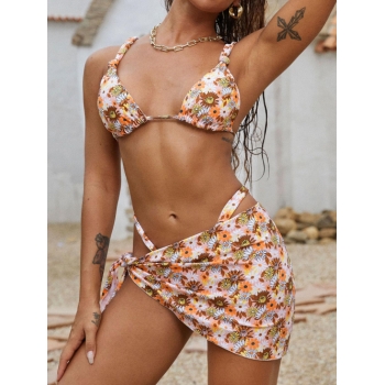 Women Three-Pieces ZAFUL Plunge Daisy Print Knotted Three Piece Bikini Swimwear S Coffee