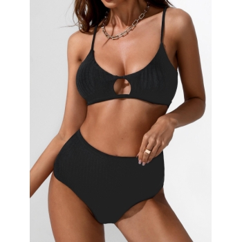 ZAFUL Ribbed Cutout High Waisted Bikini Swimwear M Black