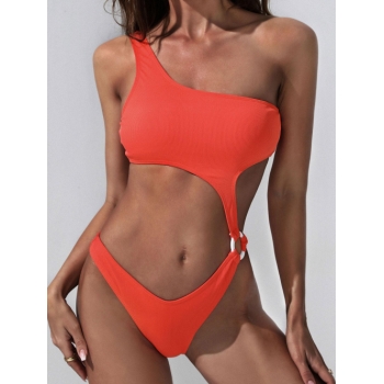 ZAFUL Ribbed One Shoulder Cutout O Ring One-piece Swimsuit M Orange