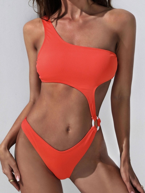 ZAFUL Ribbed One Shoulder Cutout O Ring One-piece Swimsuit M Orange