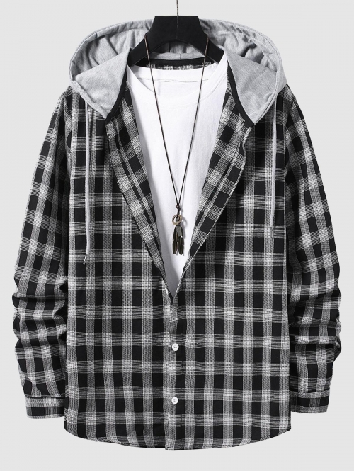 ZAFUL Men's Plaid Pattern Colorblock Hooded Shirt Xxl Black