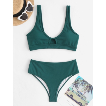 Fashion Women Tankinis ZAFUL Textured Cutout High Cut Plunge Tankini Swimwear L Deep green