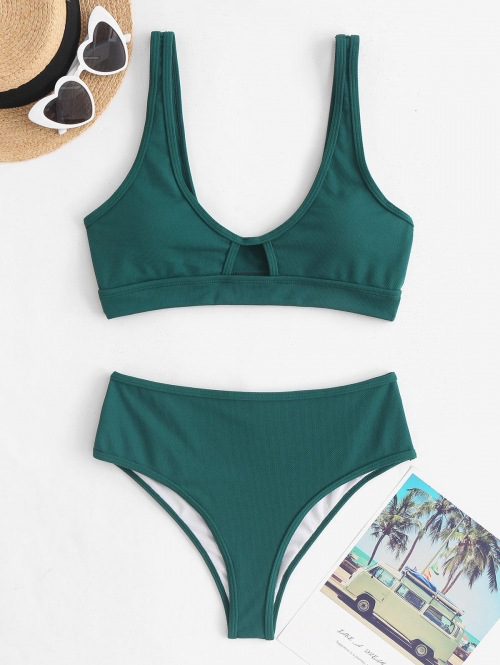 Fashion Women Tankinis ZAFUL Textured Cutout High Cut Plunge Tankini Swimwear L Deep green