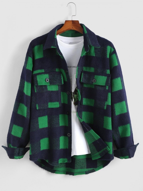 ZAFUL Men's ZAFUL Plaid Pocket Blend Wool Shacket Xl Deep green