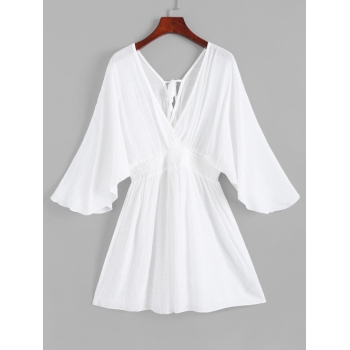 Surplice Tie Flutter Sleeve Cover Up Dress M White