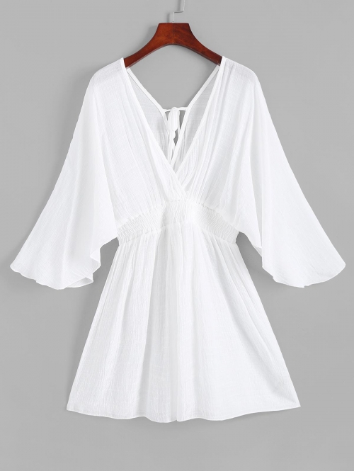 Surplice Tie Flutter Sleeve Cover Up Dress M White