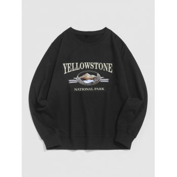 ZAFUL Men's Streetwear Yellow Stone Mountain Scenic Vintage Graphic Crewneck Sweatshirt M Black