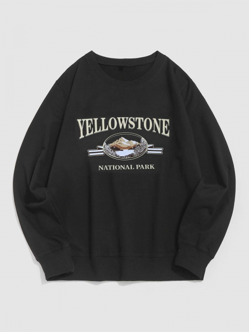 ZAFUL Men's Streetwear Yellow Stone Mountain Scenic Vintage Graphic Crewneck Sweatshirt M Black