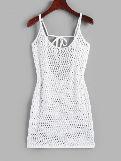 Crochet Openwork Backless Mini Beach Dress L White