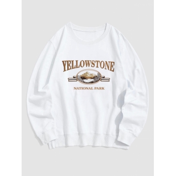 ZAFUL Men's Streetwear Yellow Stone Mountain Scenic Vintage Graphic Crewneck Sweatshirt S White