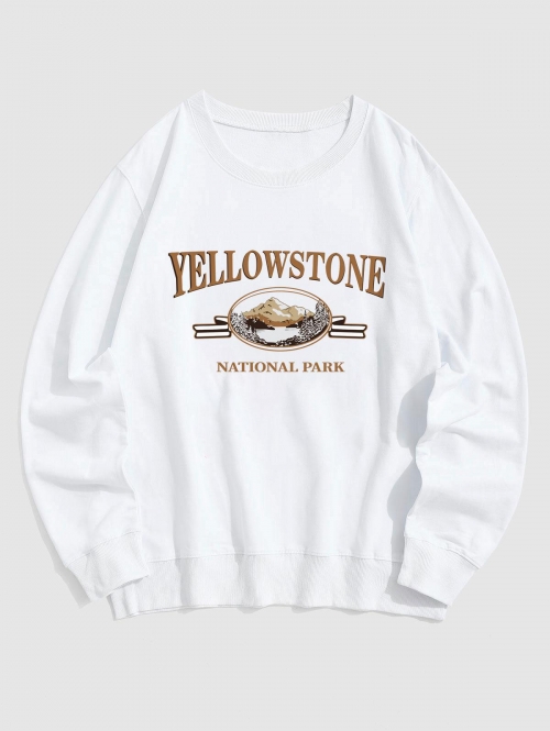 ZAFUL Men's Streetwear Yellow Stone Mountain Scenic Vintage Graphic Crewneck Sweatshirt S White