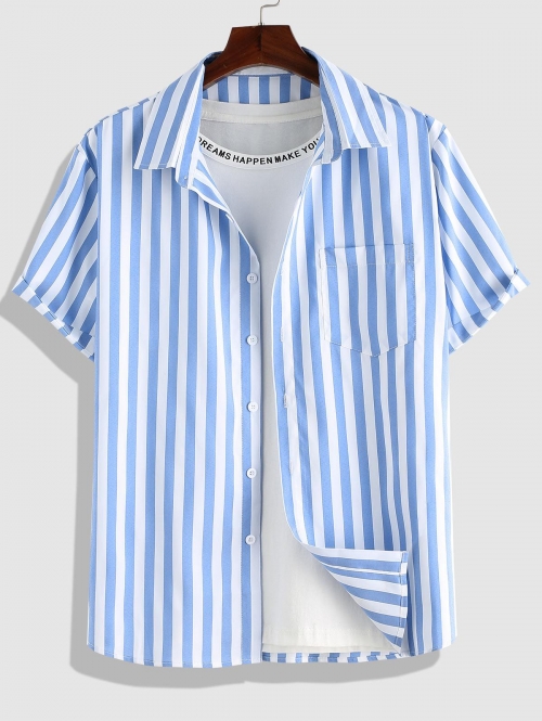 ZAFUL Men's ZAFUL Button Up Short Sleeve Vertical Stripe Shirt L Light blue