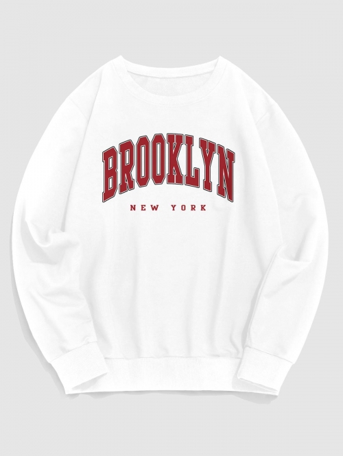 ZAFUL Men's BROOKLYN Letter Print Crew Neck Vintage Essentials Sweatshirt L White