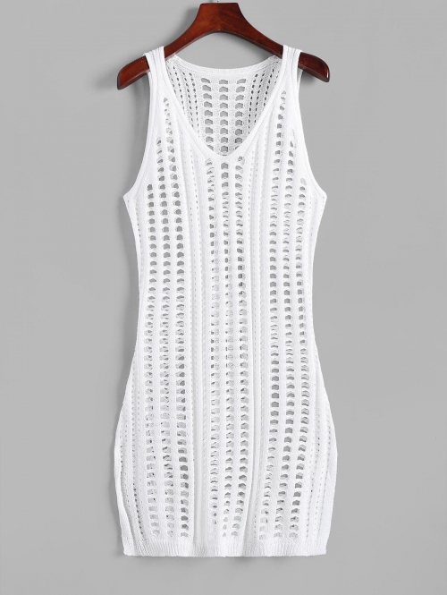 Crochet Slit Beach Dress M White