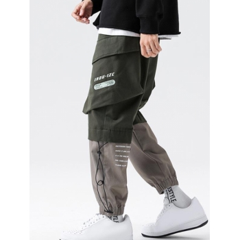 ZAFUL Men's ZAFUL Letter Print Drawstring Pocket Contrasting Cargo Pants L Army green