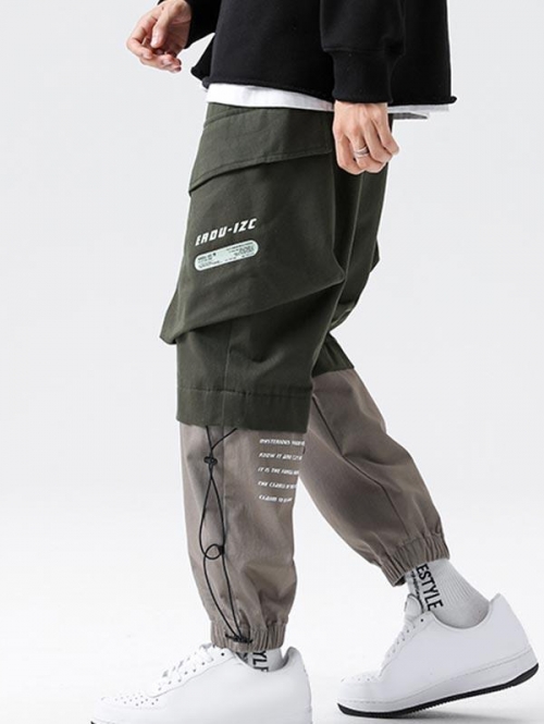 ZAFUL Men's ZAFUL Letter Print Drawstring Pocket Contrasting Cargo Pants L Army green