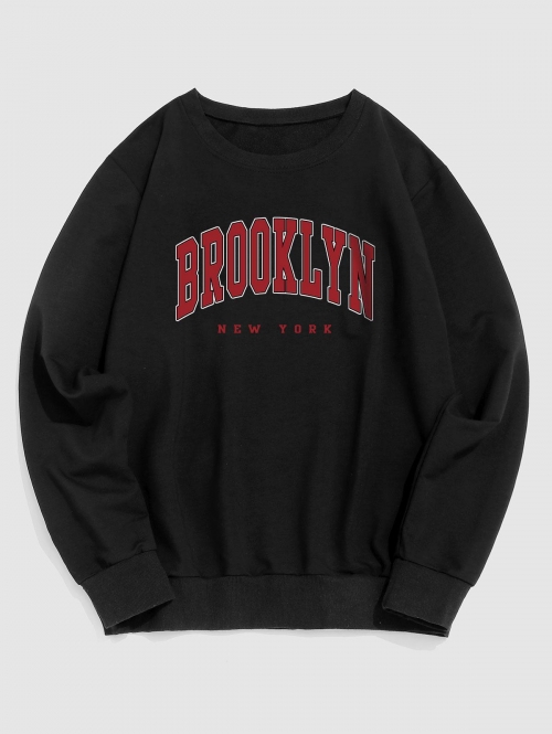 ZAFUL Men's BROOKLYN Letter Print Crew Neck Vintage Essentials Sweatshirt L Black