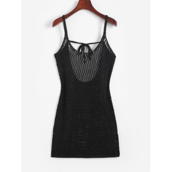 Crochet Openwork Backless Mini Beach Dress M Black