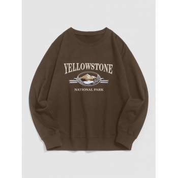 ZAFUL Men's Streetwear Yellow Stone Mountain Scenic Vintage Graphic Crewneck Sweatshirt L Deep coffee