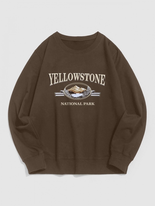 ZAFUL Men's Streetwear Yellow Stone Mountain Scenic Vintage Graphic Crewneck Sweatshirt L Deep coffee