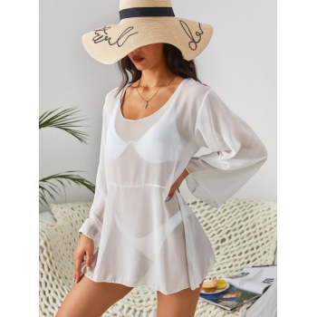 Women Beach Scoop Sheer Chiffon Cover Up Top White