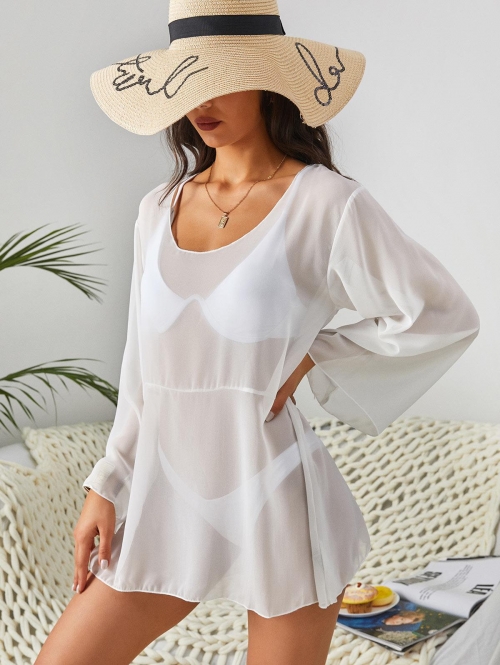 Women Beach Scoop Sheer Chiffon Cover Up Top White