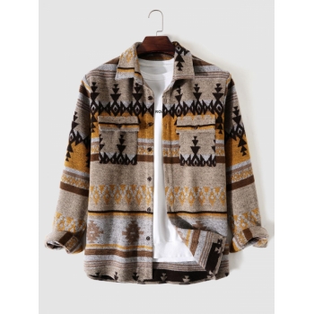 ZAFUL Men's Tribal Geometric Ethnic Aztec Printed Blend Wool Shirt Jacket L Light coffee