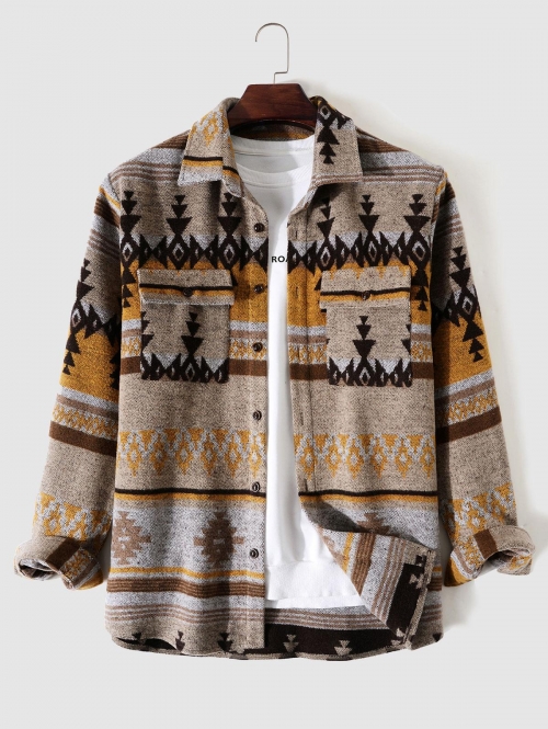 ZAFUL Men's Tribal Geometric Ethnic Aztec Printed Blend Wool Shirt Jacket L Light coffee